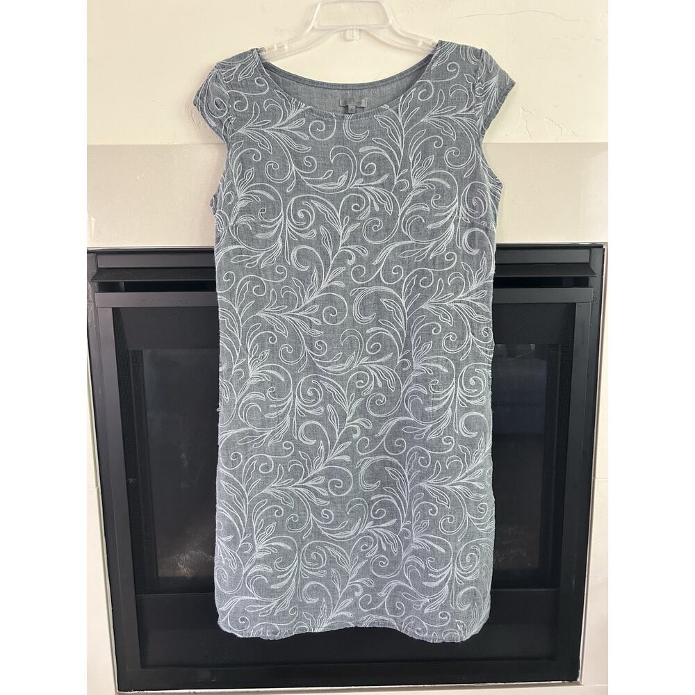 Lina Tomei 100% Linen Embroidered Shift Dress Women’s M Gray Made Italy - Picture 10 of 12